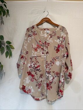 croft & barrow Beige Tunic with Red & White Floral Motif